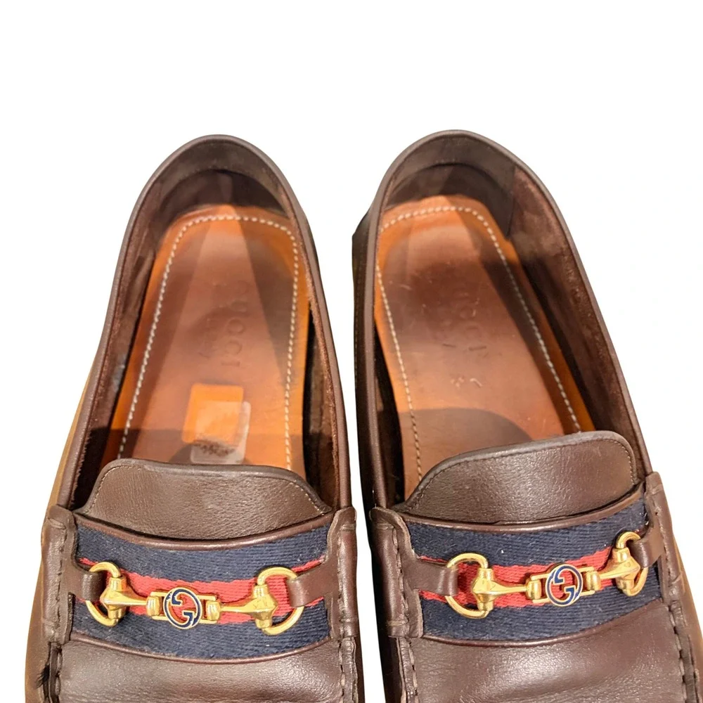 Gucci Ayrton Authentic Brown Leather Web Stripe Horsebit Driving Loafers Size 9
